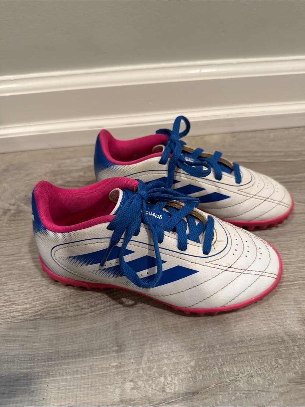 adidas White, Blue & Pink Kids Soccer Sneakers